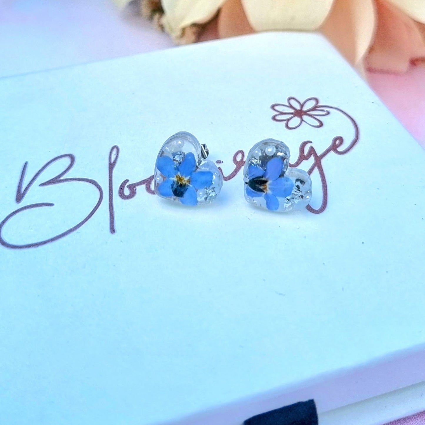 Tiny Heart Forget Me Not & Pearl Stud earrings
