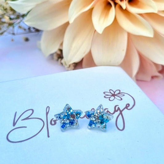 Tiny Star Blue & Silver flower stud earrings