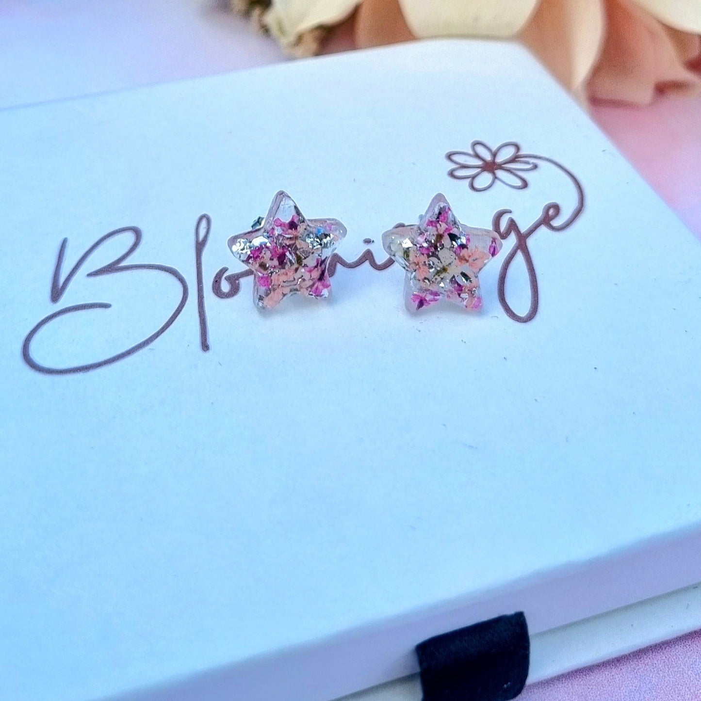Tiny Star Pink & Silver flower stud earrings