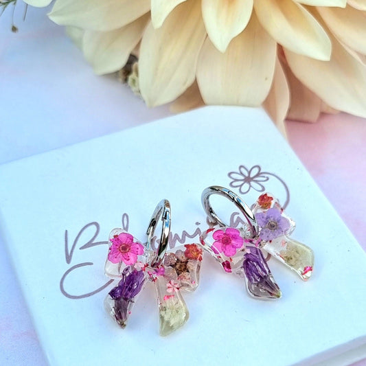 "DARLING" Bow pink & white flower hoop earrings