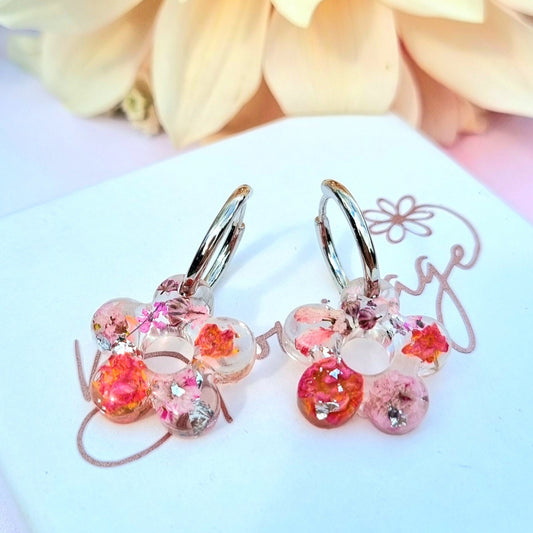 "DAISY" Bloom Pink flower hoop earrings
