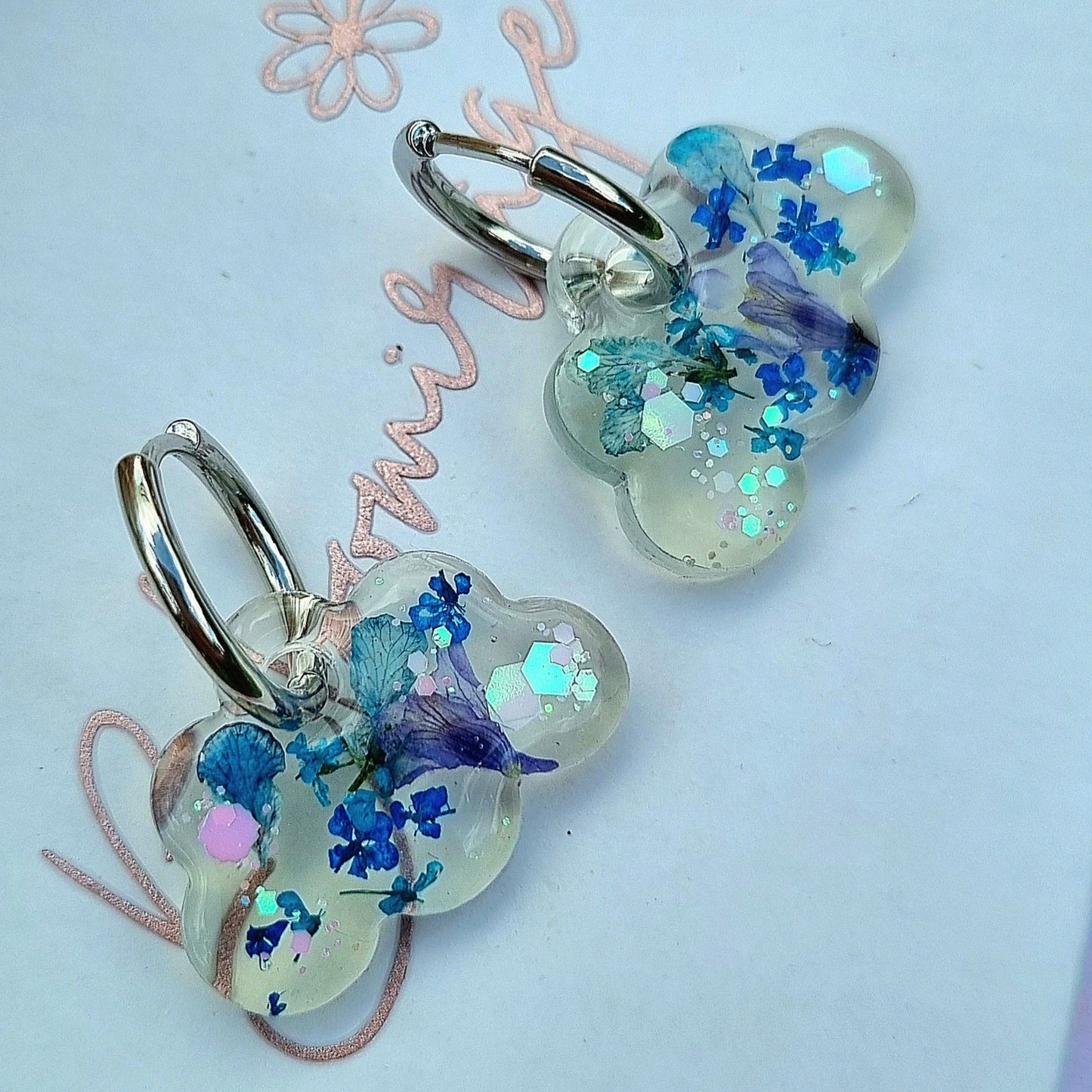 "SKY" Cloud Aqua bloom  hoop earrings