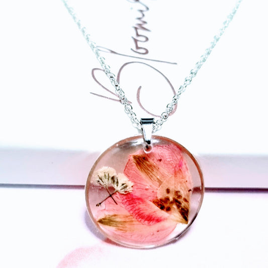 "DARLA" Pink Larkspur & Gypsophila Flower Pendant Silver Plated