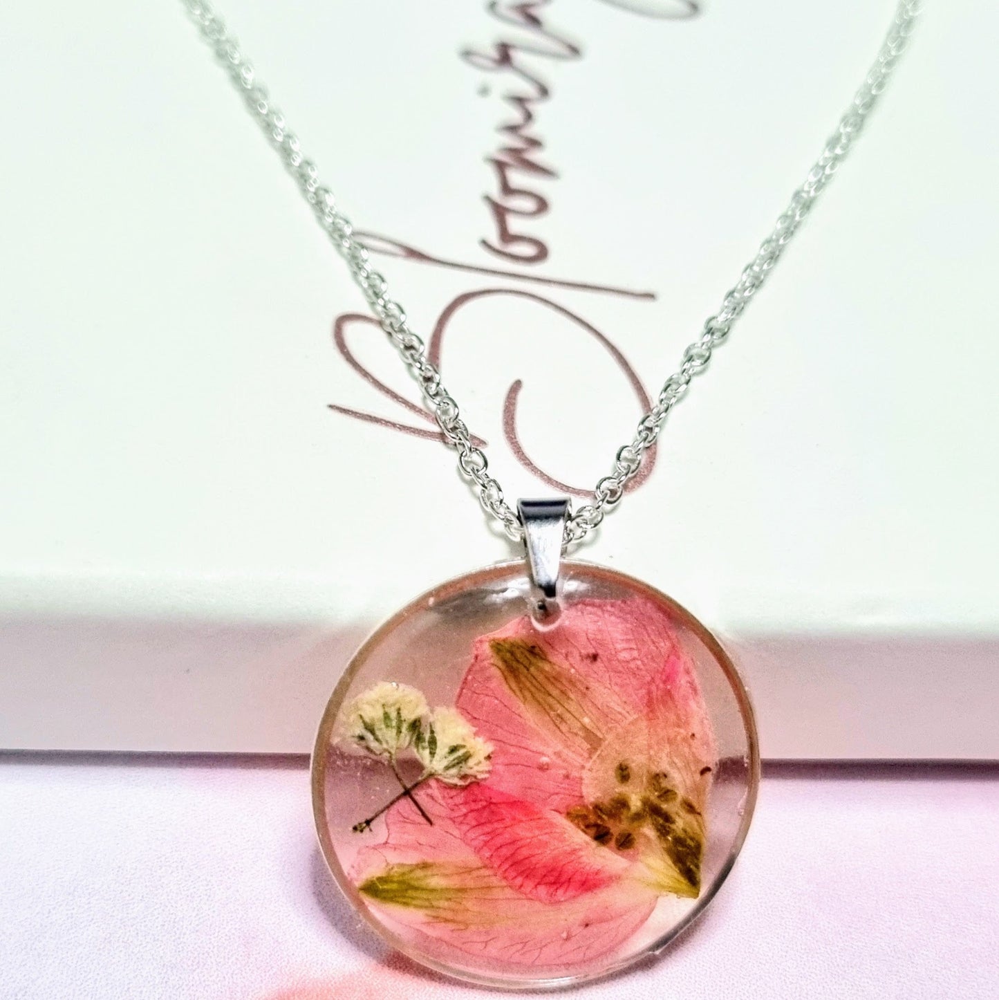 "DARLA" Pink Larkspur & Gypsophila Flower Pendant Silver Plated