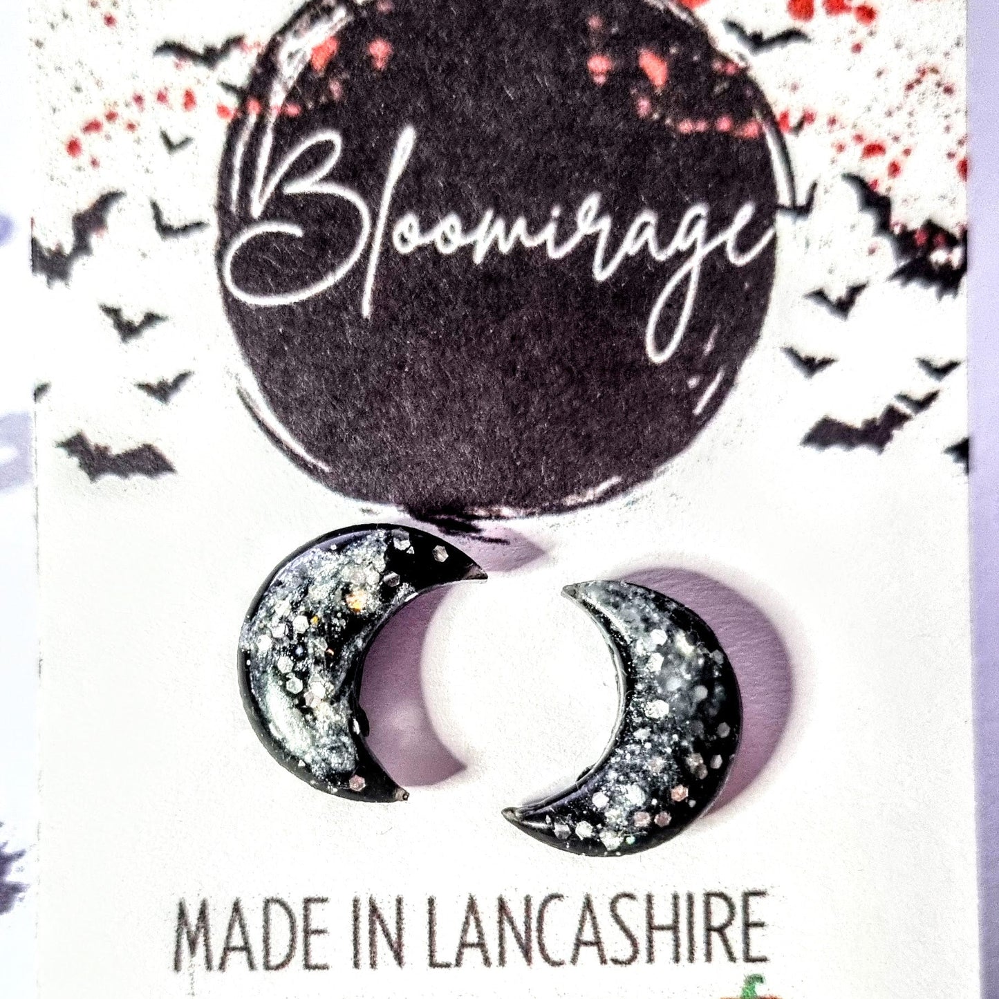Silver Shimmer Black Moon Stud Earrings, HALLOWEEN Collection