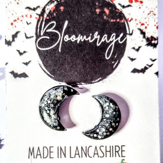 Silver Shimmer Black Moon Stud Earrings, HALLOWEEN Collection