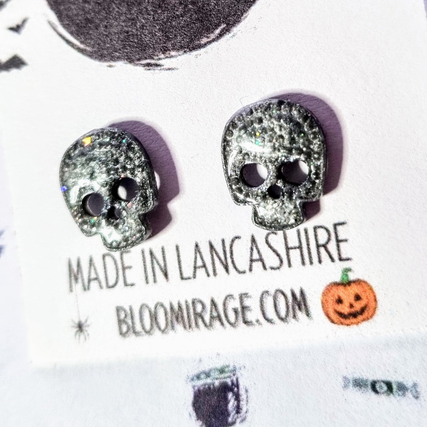 Silver Shimmer Skull Stud Earrings, HALLOWEEN Collection