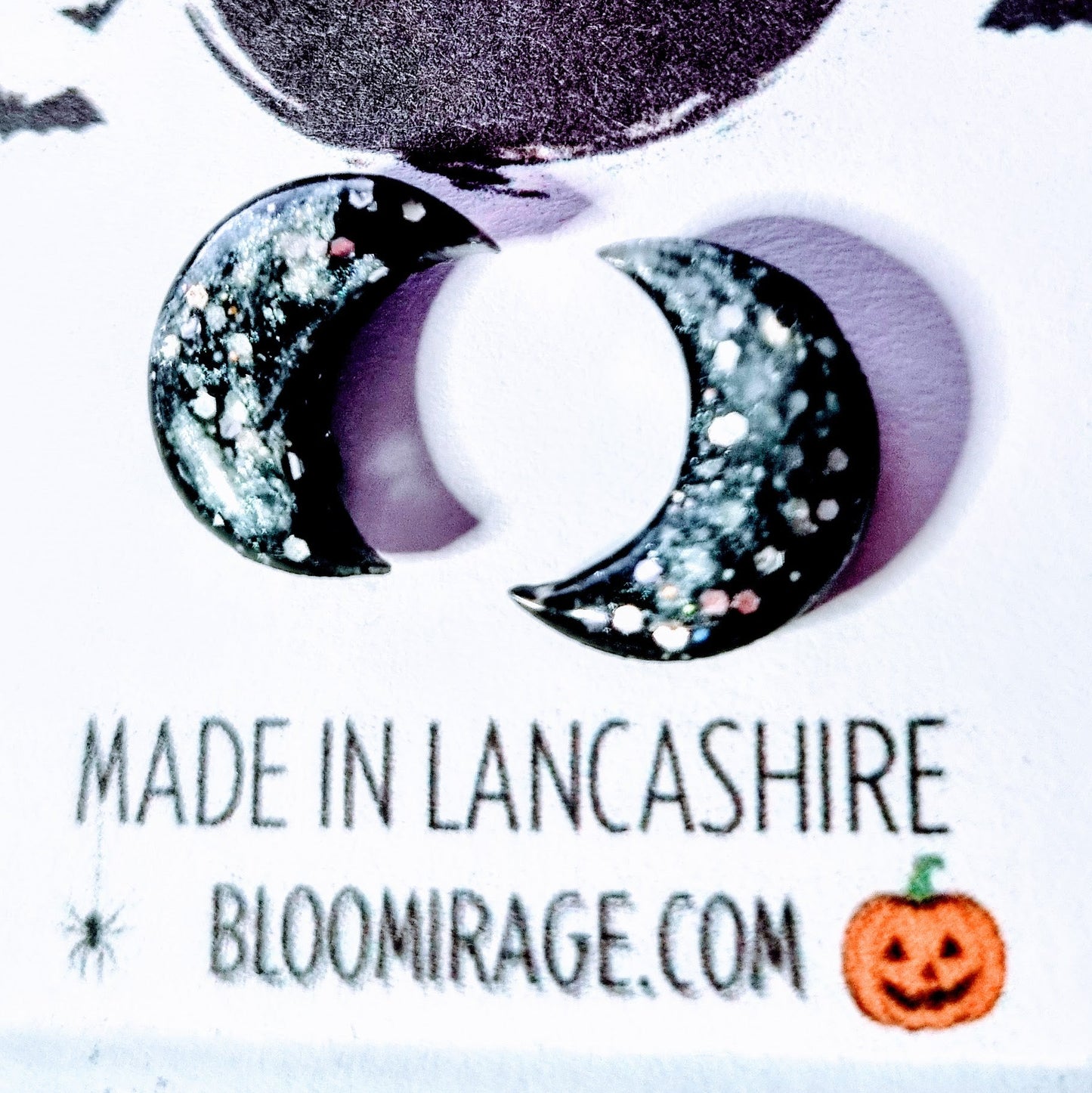 Silver Shimmer Black Moon Stud Earrings, HALLOWEEN Collection