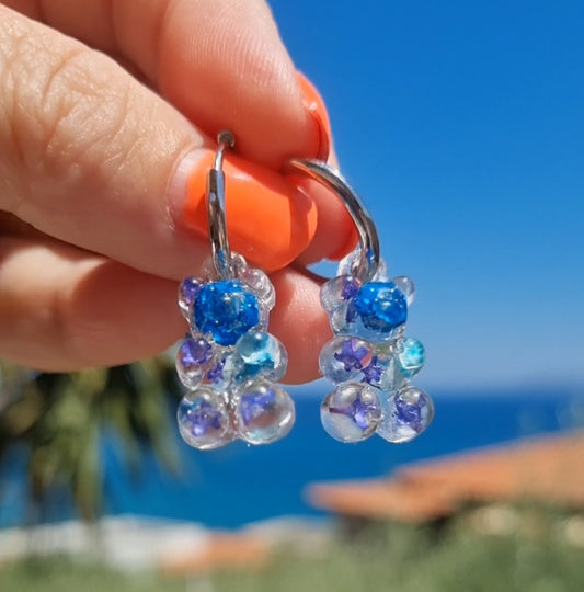 "BLEUE" Blue bear flower dangle hoop earrings