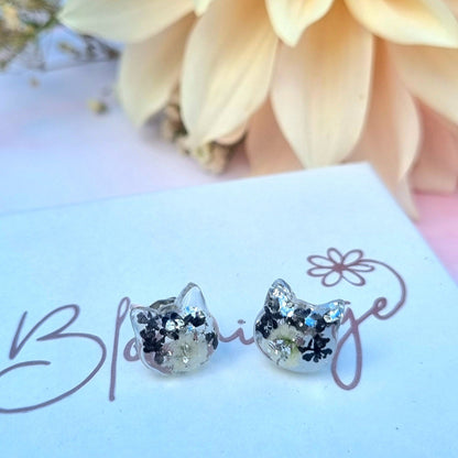 Black & White Cat "CHARLIE" flower stud earrings