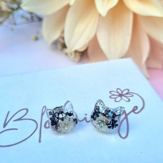 Black & White Cat "CHARLIE" flower stud earrings