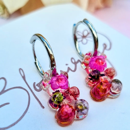 "ROSIE" Bear flower dangle hoop earrings