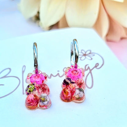 "ROSIE" Bear flower dangle hoop earrings