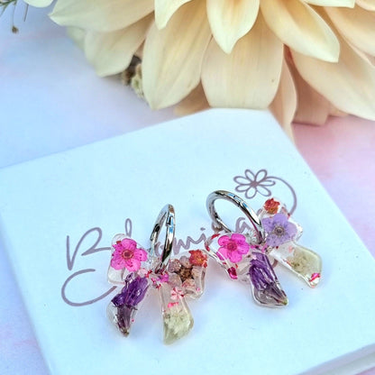 "DARLING" Bow pink & white flower hoop earrings