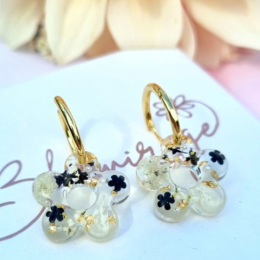 "Daisy" Bloom Black & Gold flower hoop earrings