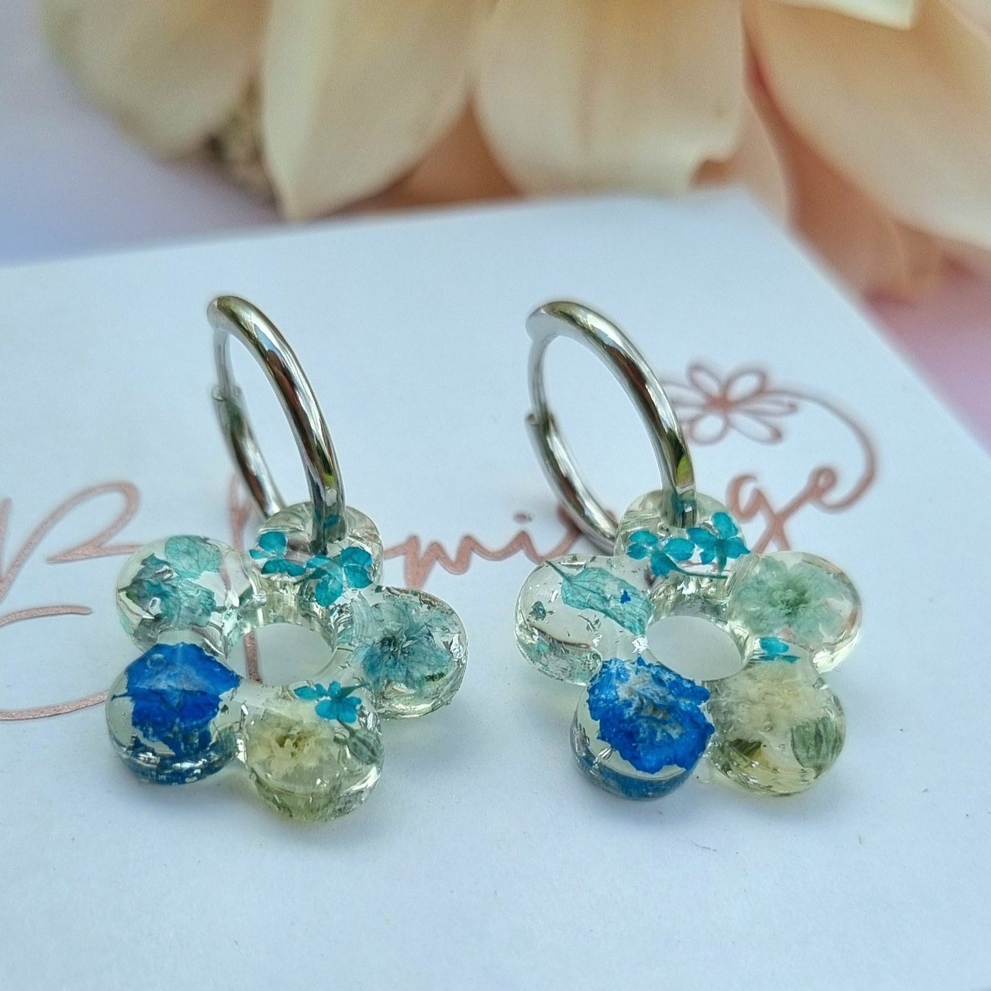"DAISY" Bloom Aqua flower hoop earrings