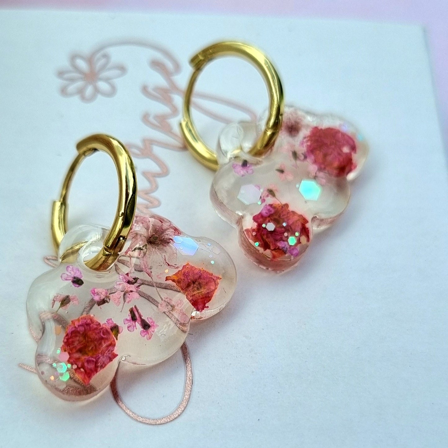 "SKY" Cloud Pink bloom  hoop earrings