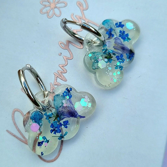 "SKY" Cloud Aqua bloom  hoop earrings