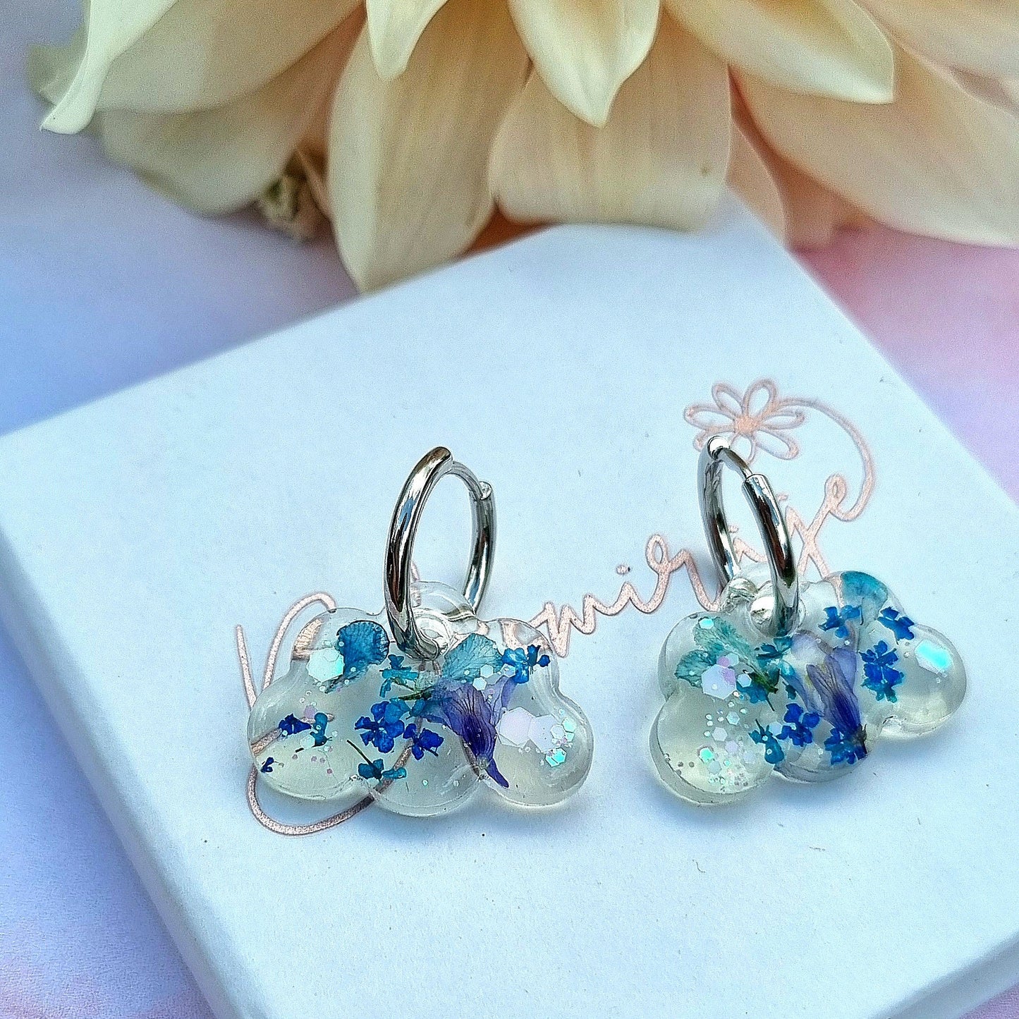 "SKY" Cloud Aqua bloom  hoop earrings