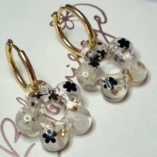 "Daisy" Bloom Black & Gold flower hoop earrings
