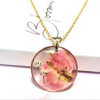 "DARLA" Pink Larkspur & Gypsophila Flower Pendant Gold Plated