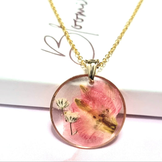 "DARLA" Pink Larkspur & Gypsophila Flower Pendant Gold Plated