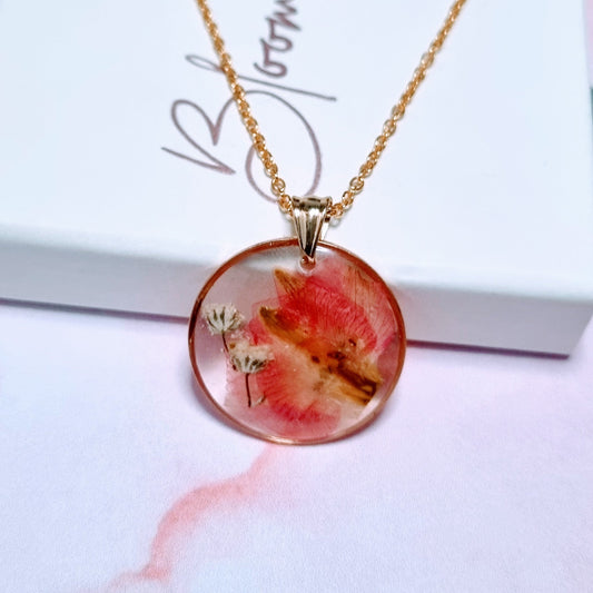 "DARLA" Pink Larkspur & Gypsophila Flower Pendant Gold Plated