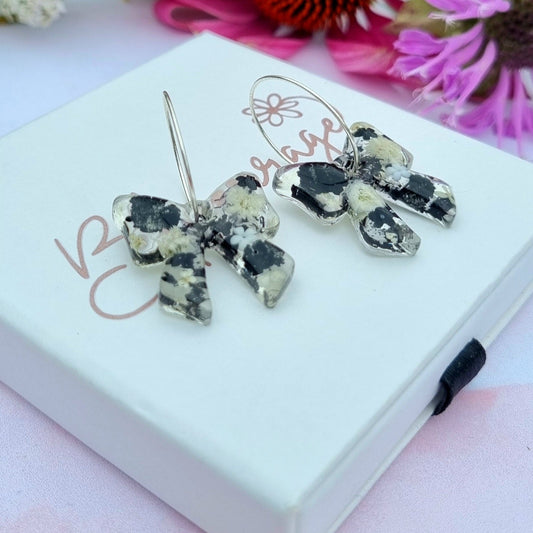 "DAHLIA" Bow Black & White/Cream flower hoop earrings