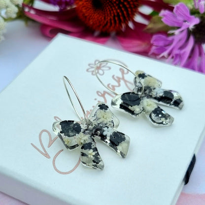 "DAHLIA" Bow Black & White/Cream flower hoop earrings