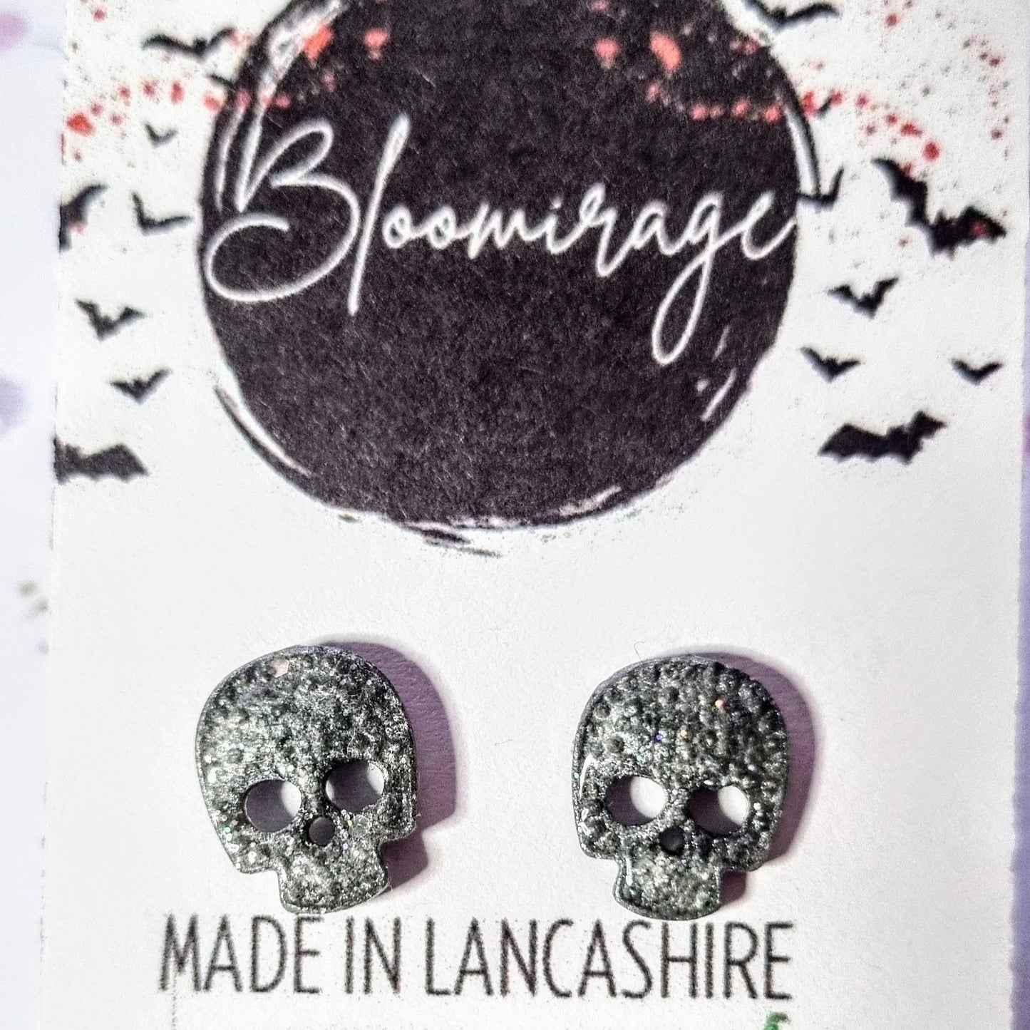 Silver Shimmer Skull Stud Earrings, HALLOWEEN Collection