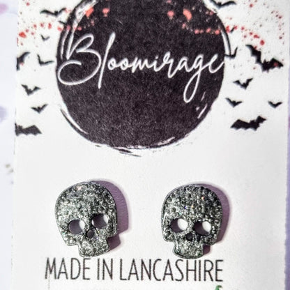 Silver Shimmer Skull Stud Earrings, HALLOWEEN Collection