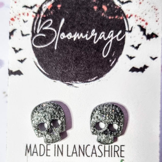 Silver Shimmer Skull Stud Earrings, HALLOWEEN Collection
