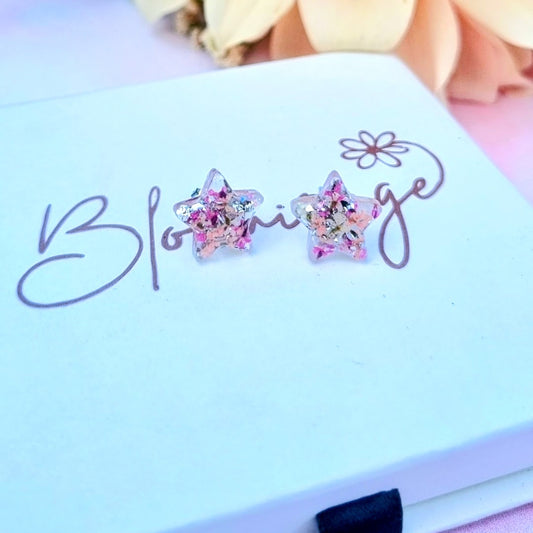 Tiny Star Pink & Silver flower stud earrings