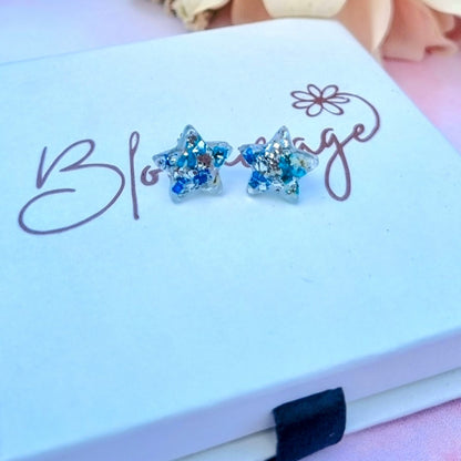 Tiny Star Blue & Silver flower stud earrings