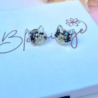 Black & White Cat "CHARLIE" flower stud earrings