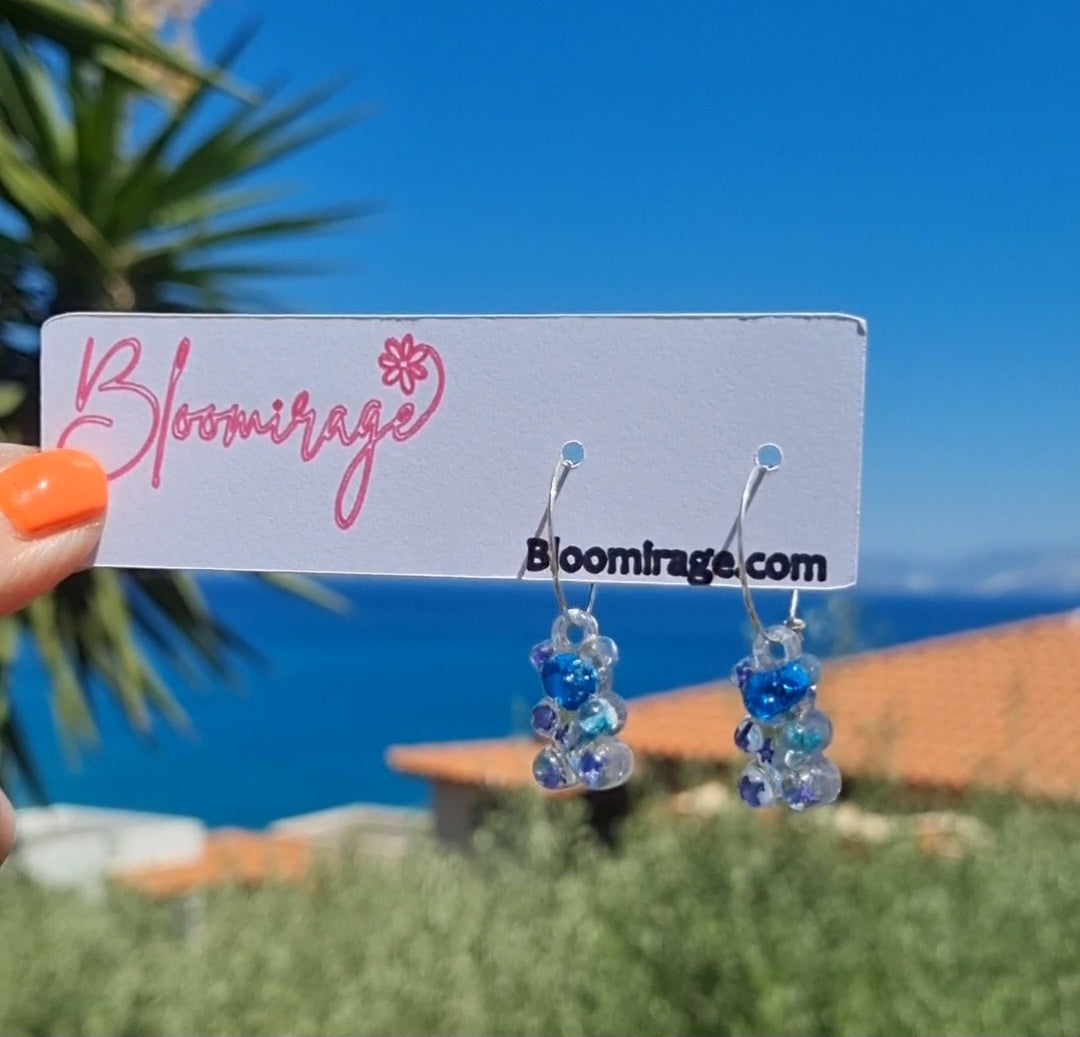 "BLEUE" Blue bear flower dangle hoop earrings